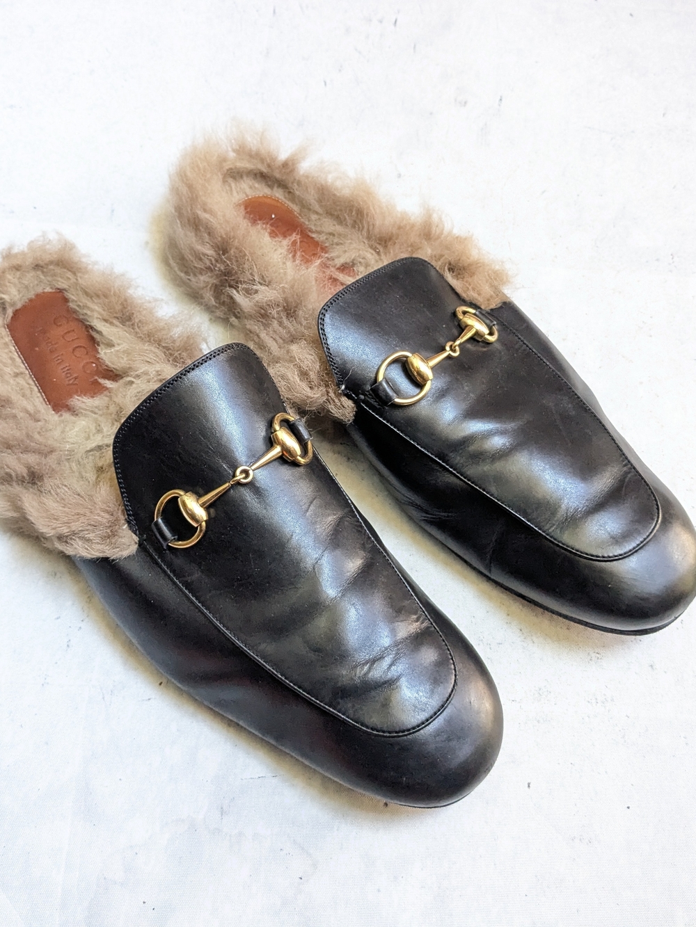 Gucci Black Leather Horsebit Fur-Lined Mules Princetown Loafers Men US 11.5